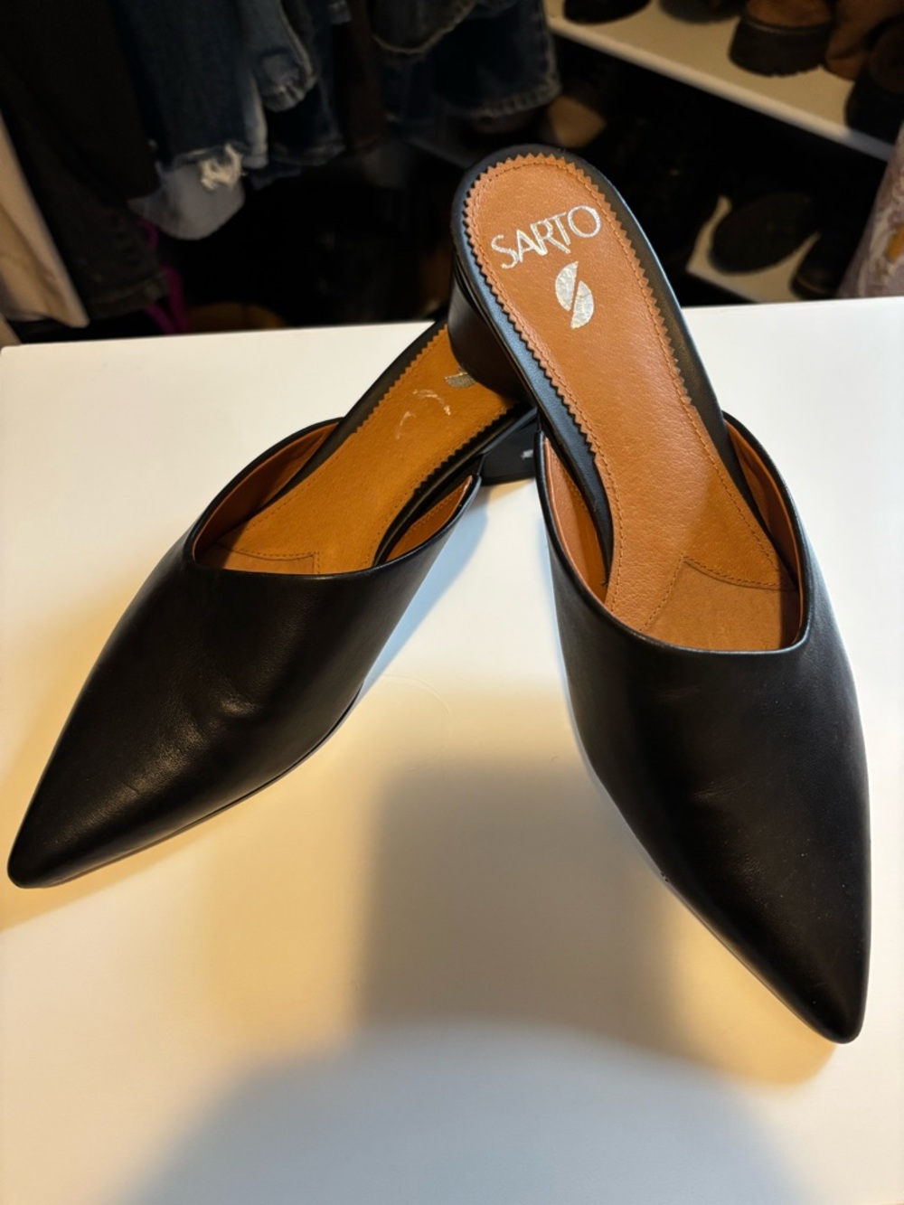 Franco Sarto Black Pointed Leather Mule Slides